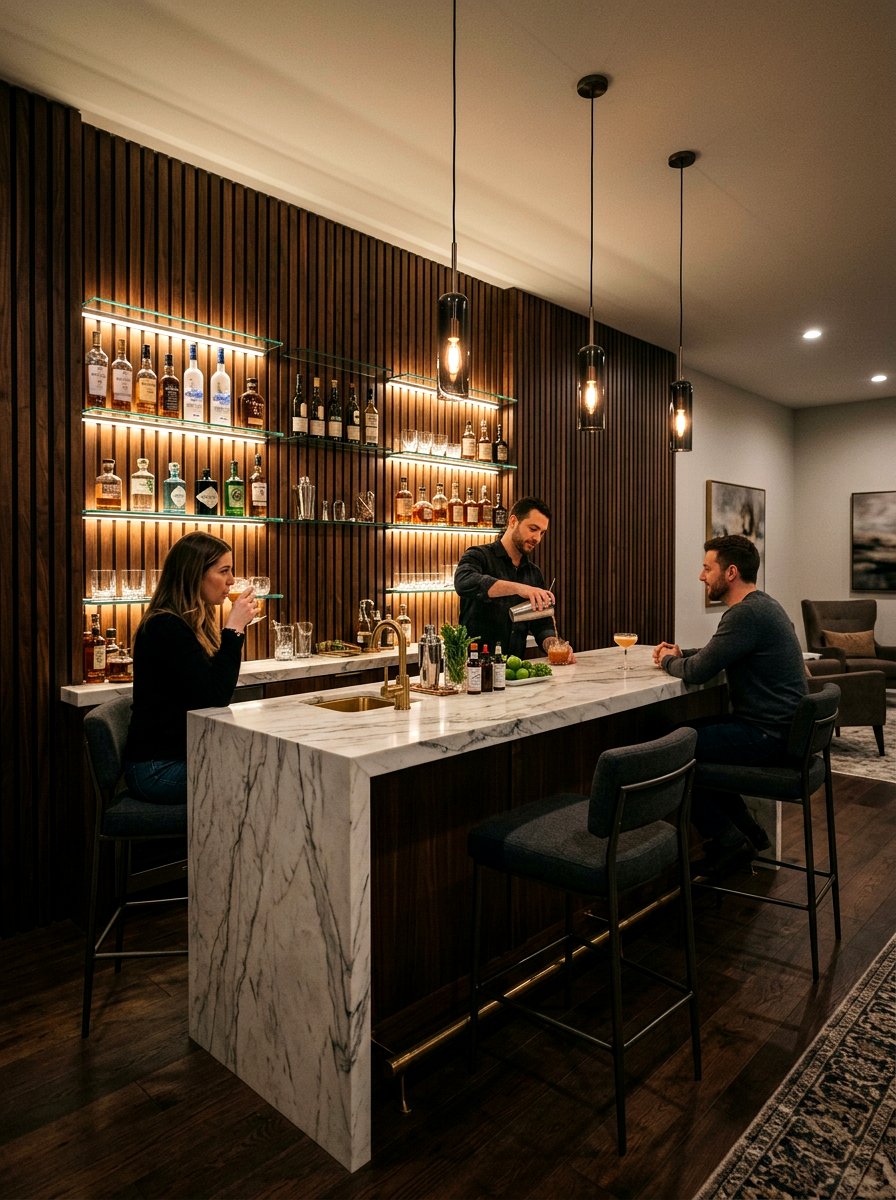 Wood slat wall home bar - 30 wood slat wall ideas