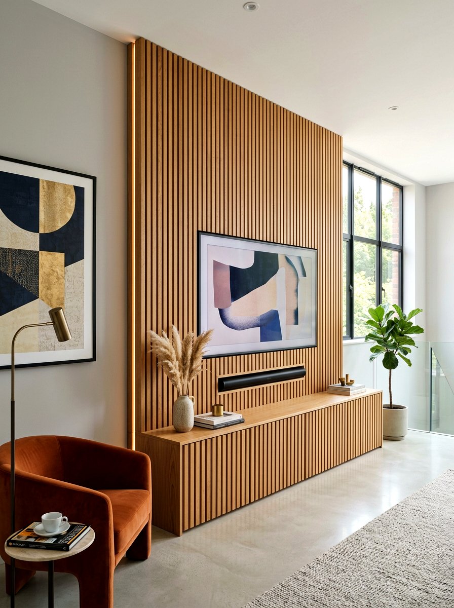 Wood slat wall media console - 30 wood slat wall ideas