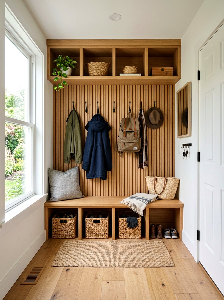 Wood slat wall mudroom nook - 30 wood slat wall ideas