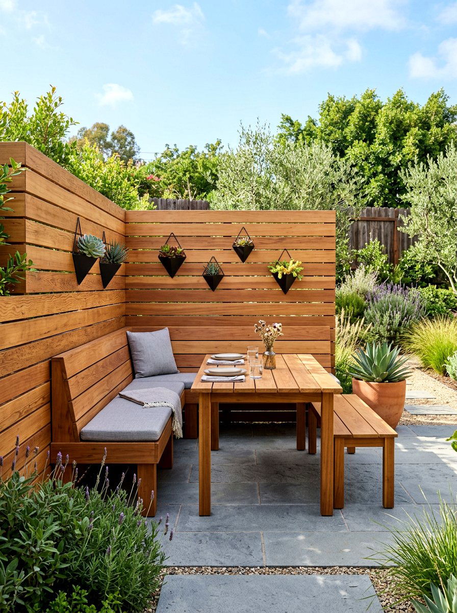 Wood slat wall nook - 30 outdoor dining nook ideas