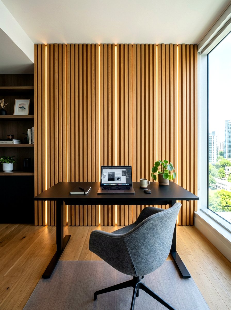 Wood slat wall office - 30 viral home office ideas
