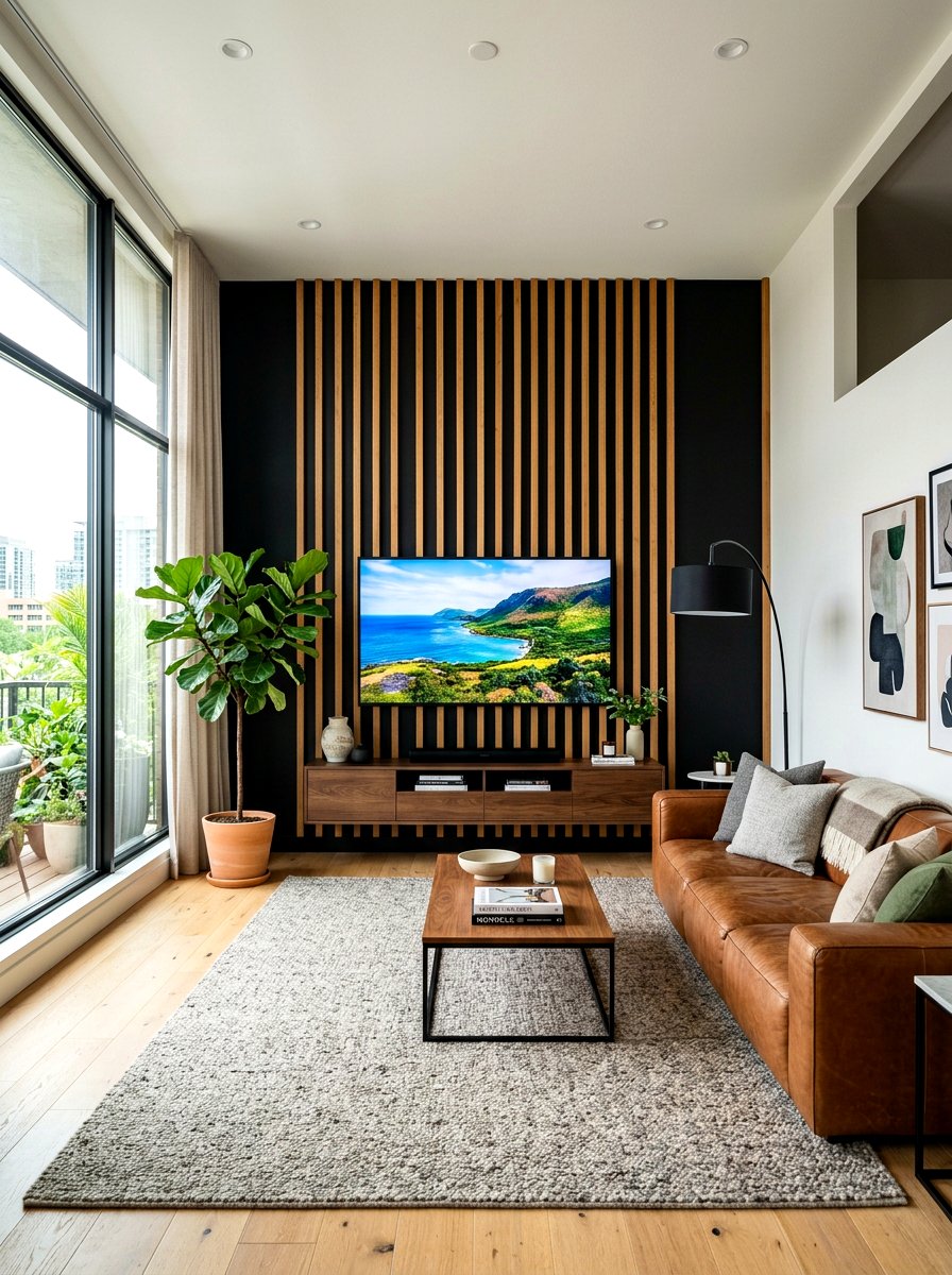 Wood slat wall panels - 30 living room wall decor ideas