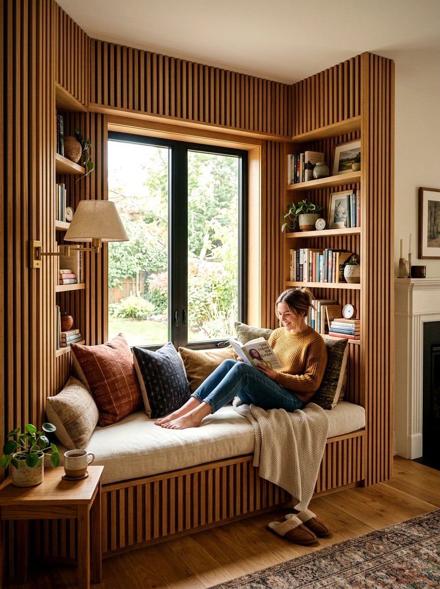 Wood slat wall reading nook - 30 wood slat wall ideas