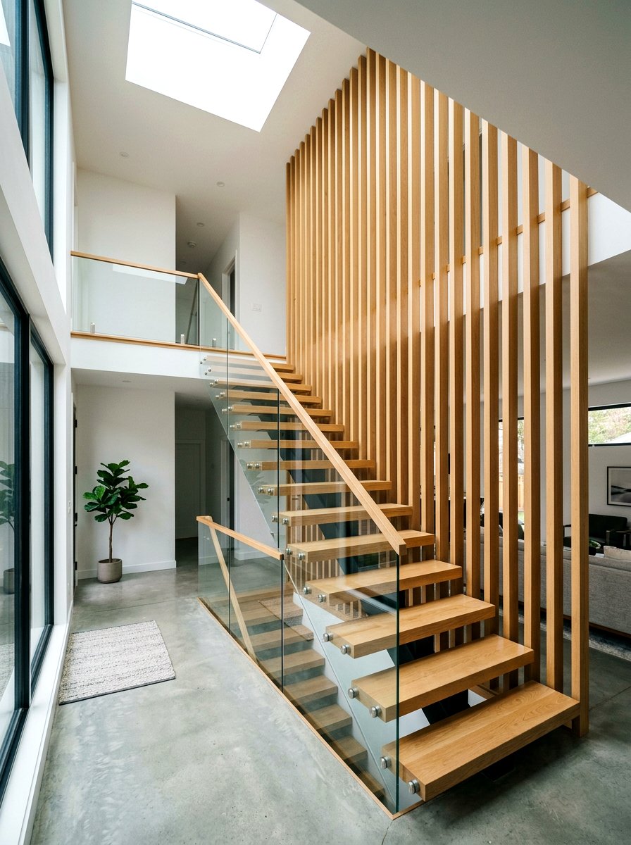 Wood slat wall staircase accent - 30 wood slat wall ideas