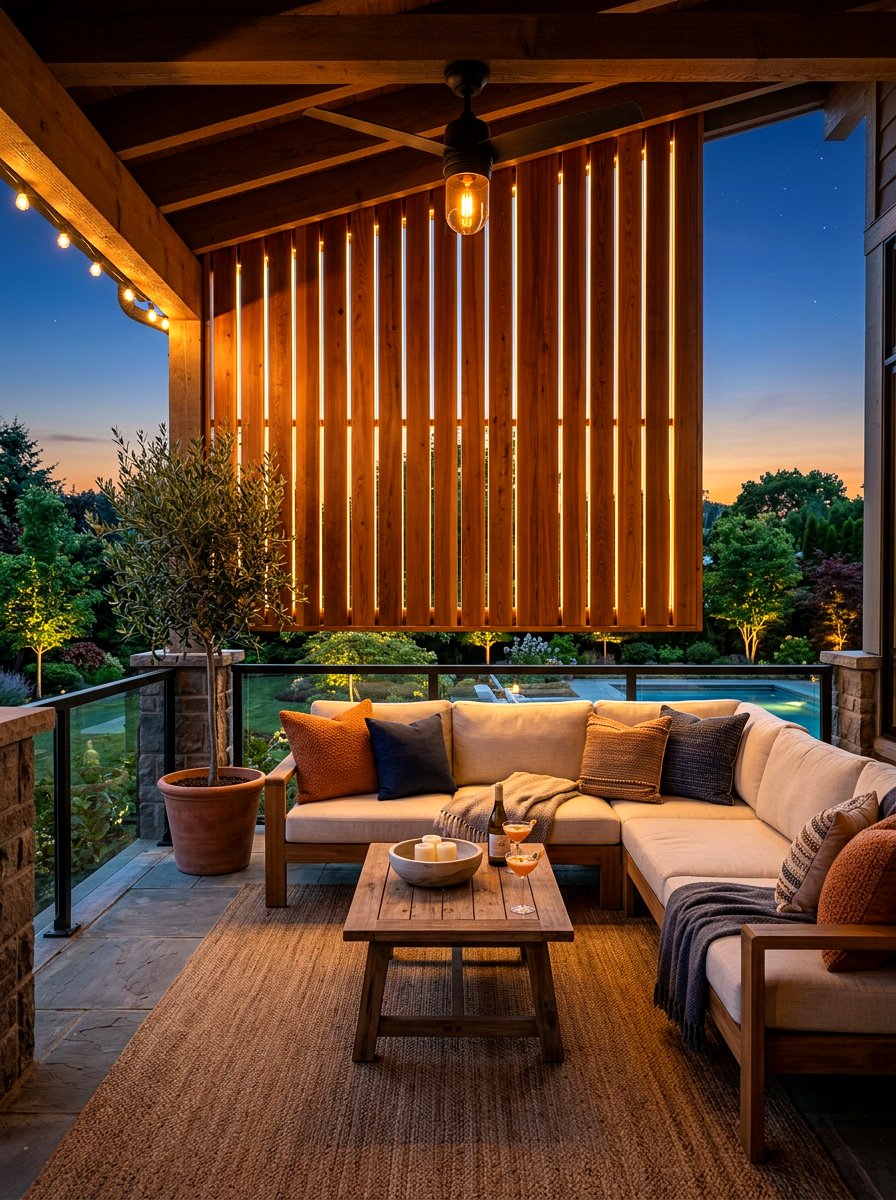 Wood slat wall with LED lighting - 30 porch slat wall ideas