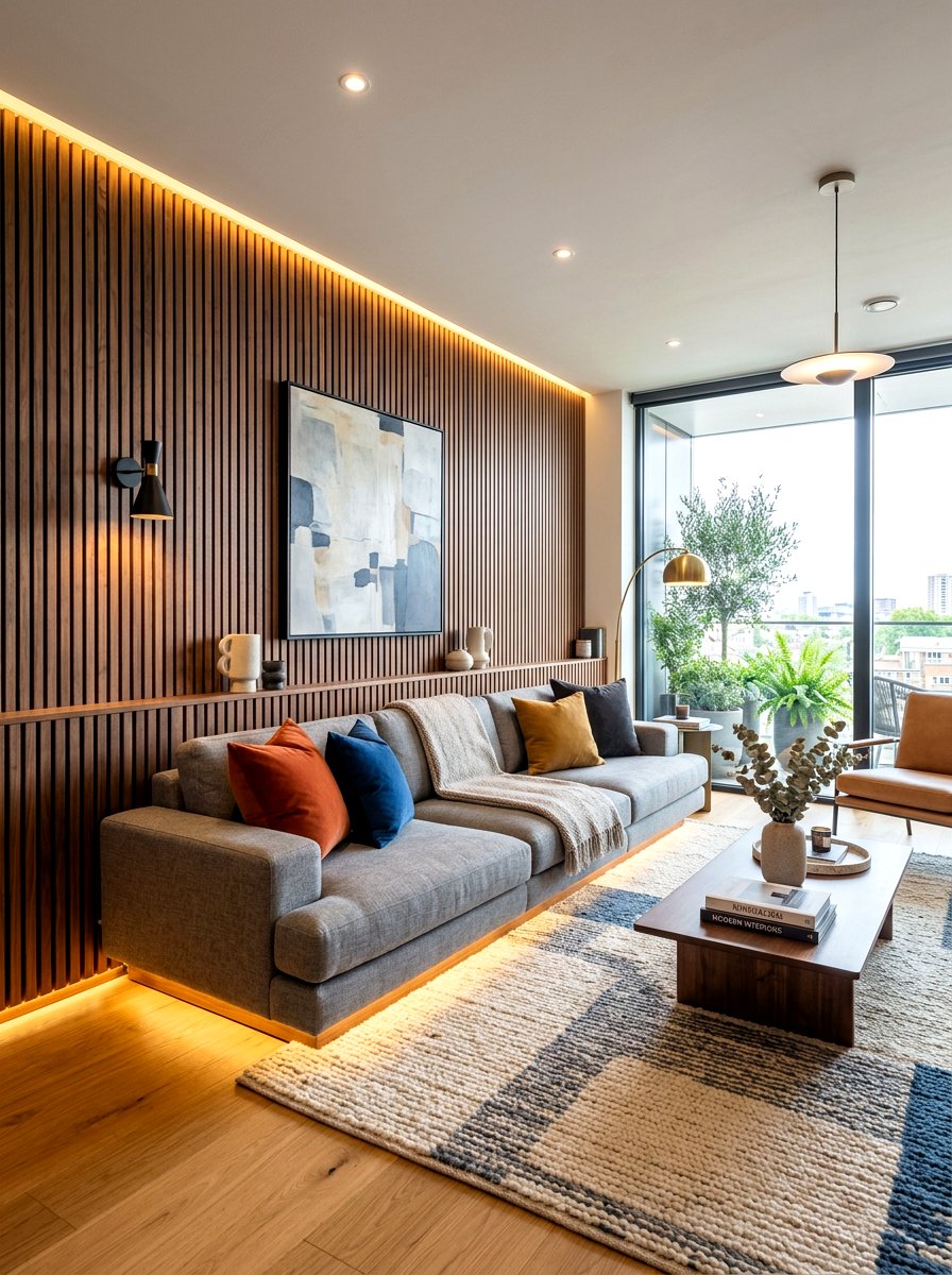 Wood slat wall with gray sofa - 30 warm gray and wood living room ideas