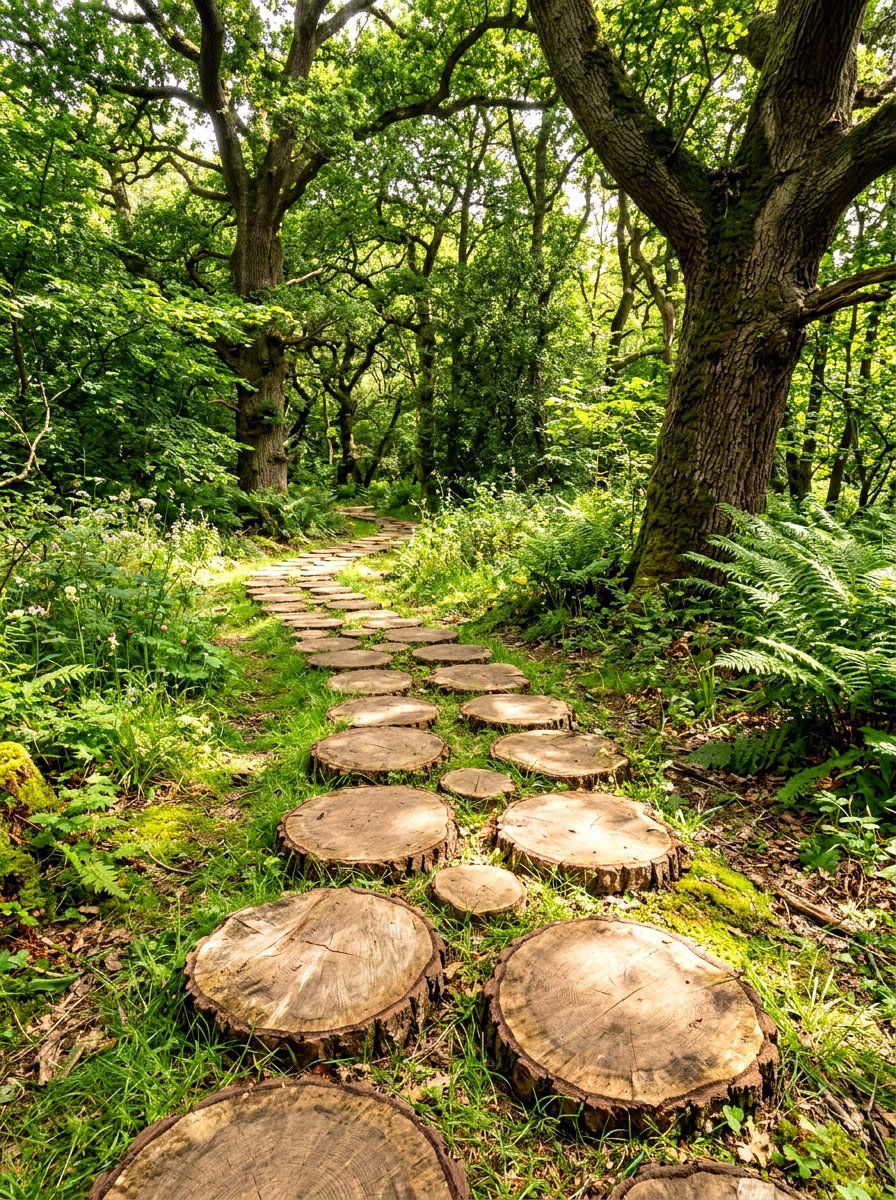 Wood slice garden walkway - 30 stepping stones through grass ideas