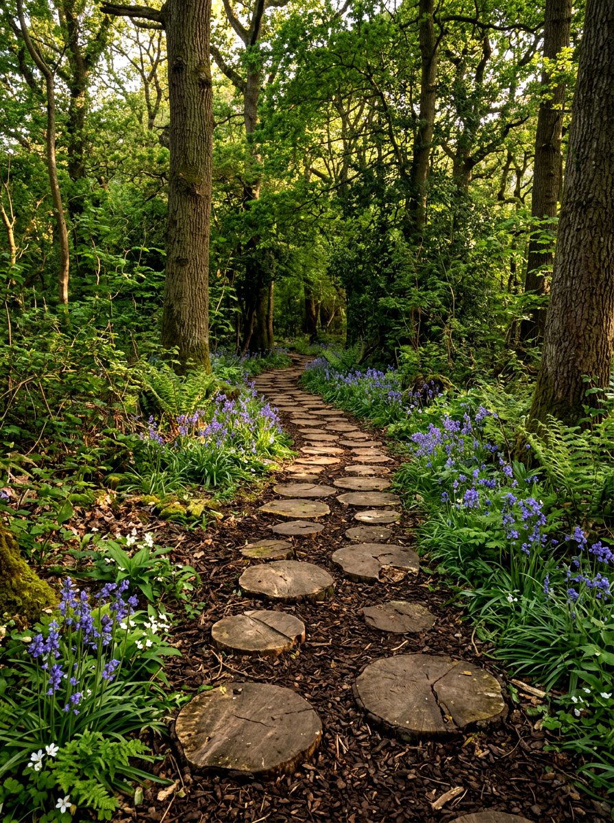 Wood slice woodland trail - 30 secret path garden ideas