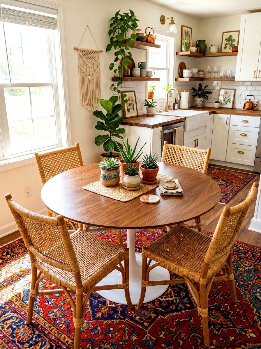 Wood top tulip table in boho kitchen - 30 tulip table decor ideas