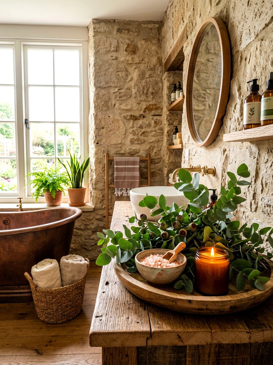 Wood tray with eucalyptus - 30 tub tray styling ideas