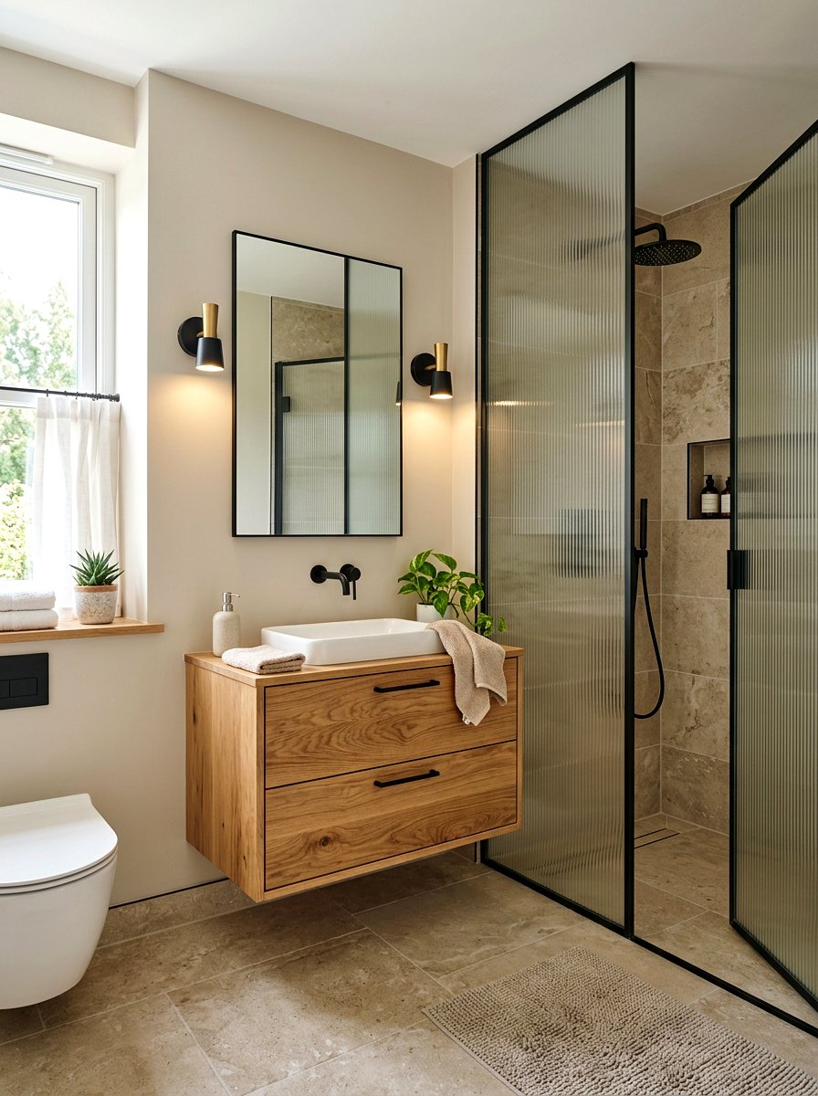 Wood vanity ribbed glass shower - 30 ribbed glass shower ideas