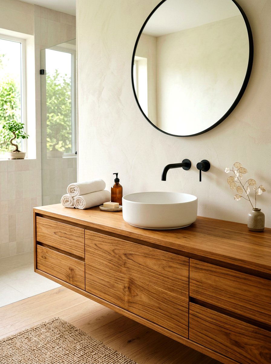 Wood vanity vessel sink setup - 30 vessel sink bathroom ideas