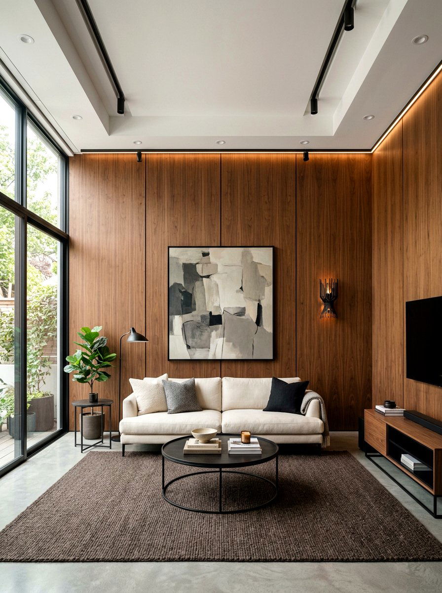 Wood wall paneling - 30 tonal brown living room ideas