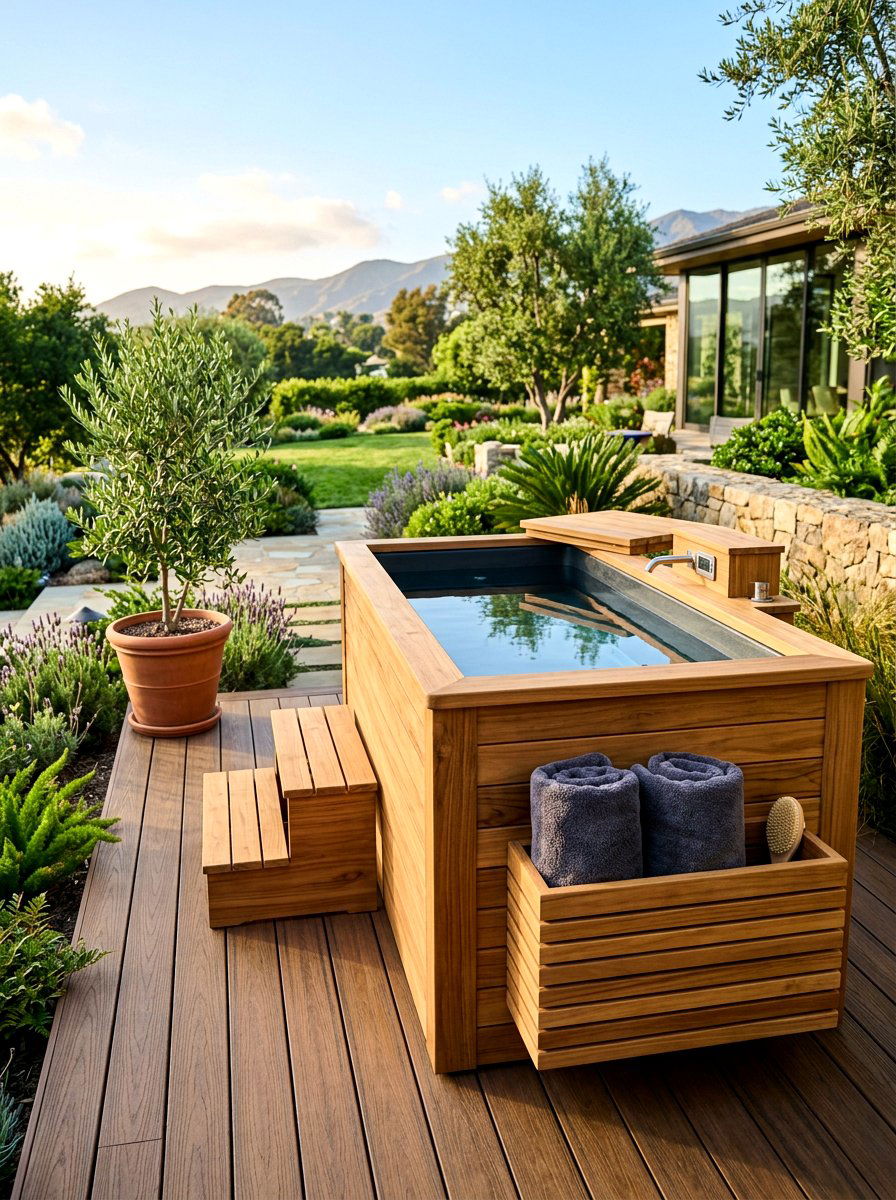 Wood wrapped cold plunge - 30 cold plunge backyard ideas