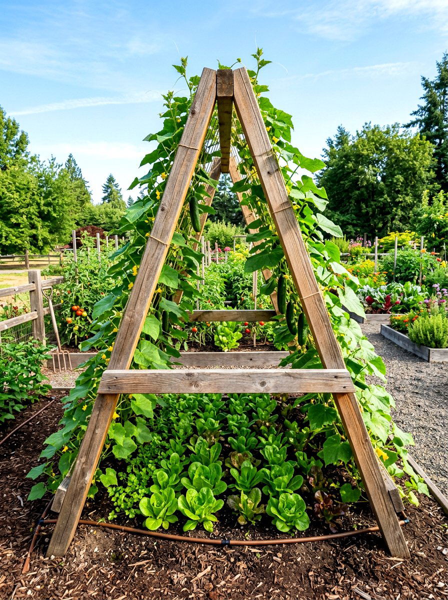 Wooden A Frame - 30 vegetable garden trellis ideas