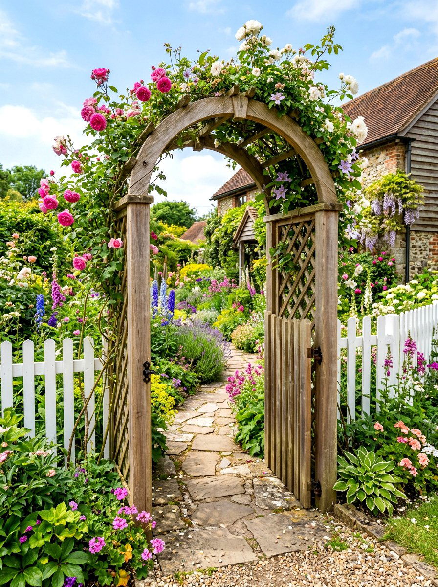 Wooden Arched Arbor - 30 front arbor ideas