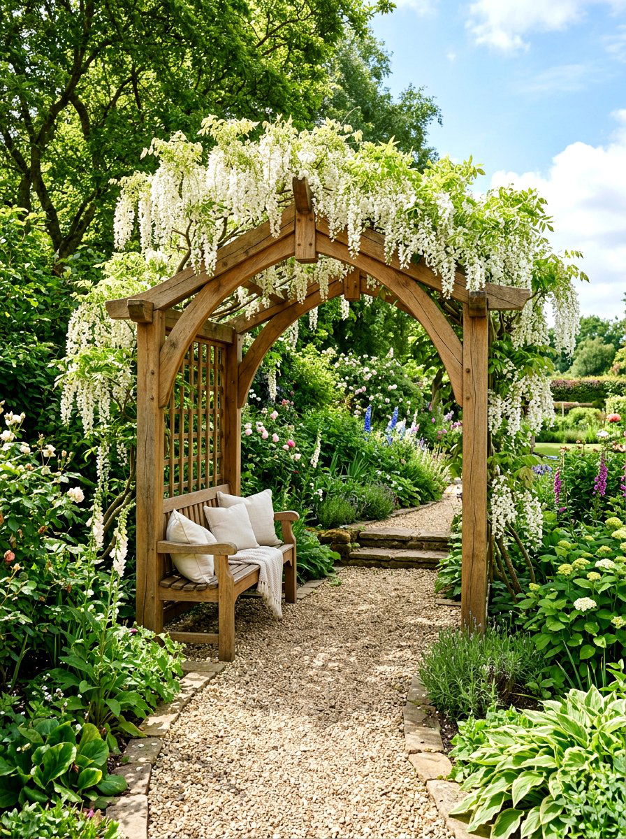 Wooden Arched Garden Arbor - 30 tea garden seating ideas