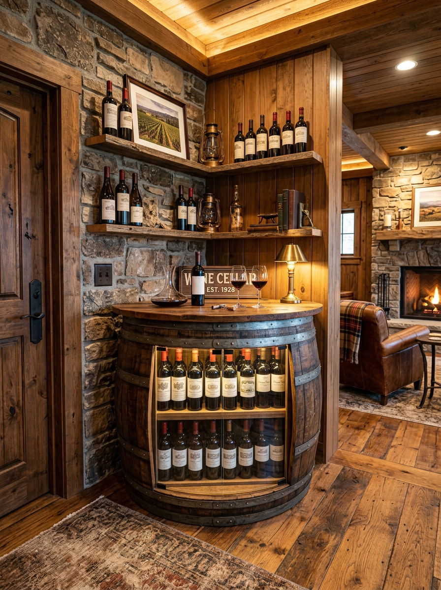 Wooden Barrel Wine Corner - 30 small wine cellar ideas
