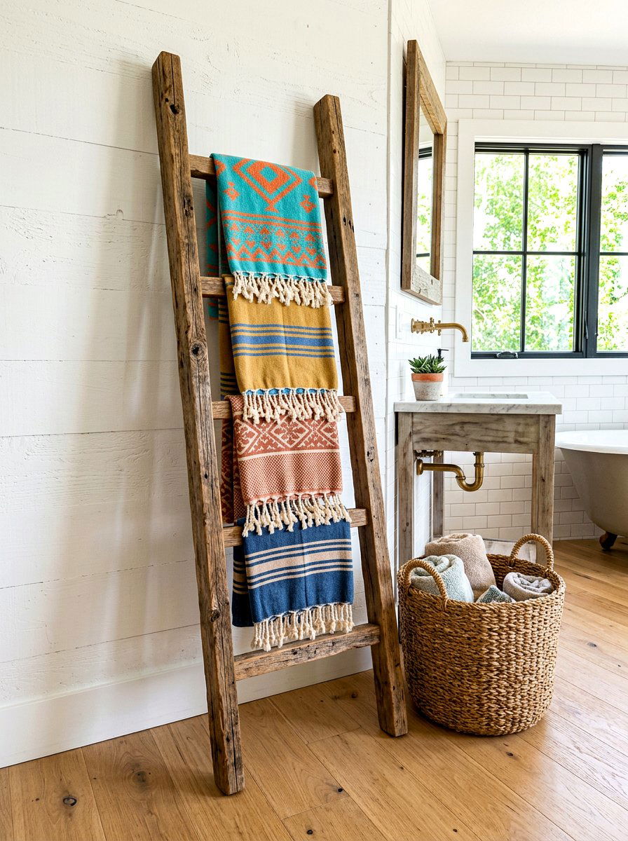 Wooden Bathroom Ladder - 30 boho bathroom ideas