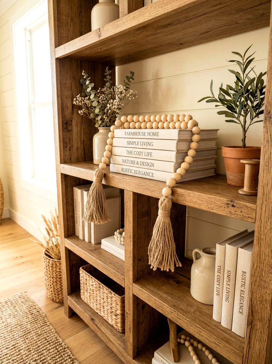 Wooden Bead Garland Shelf - 30 spring shelf styling ideas aesthetic