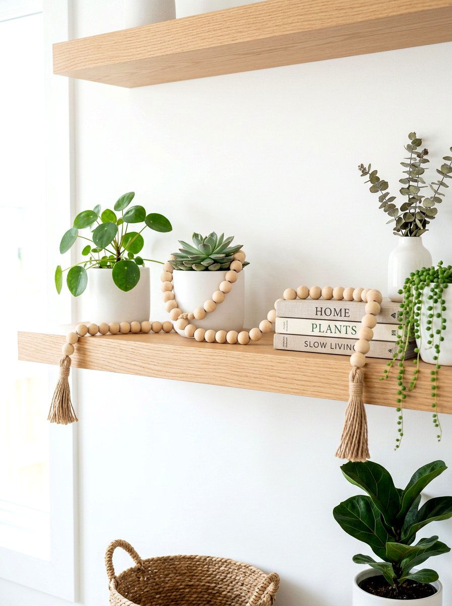 Wooden Bead Garland Shelf - 30 winter shelf styling ideas