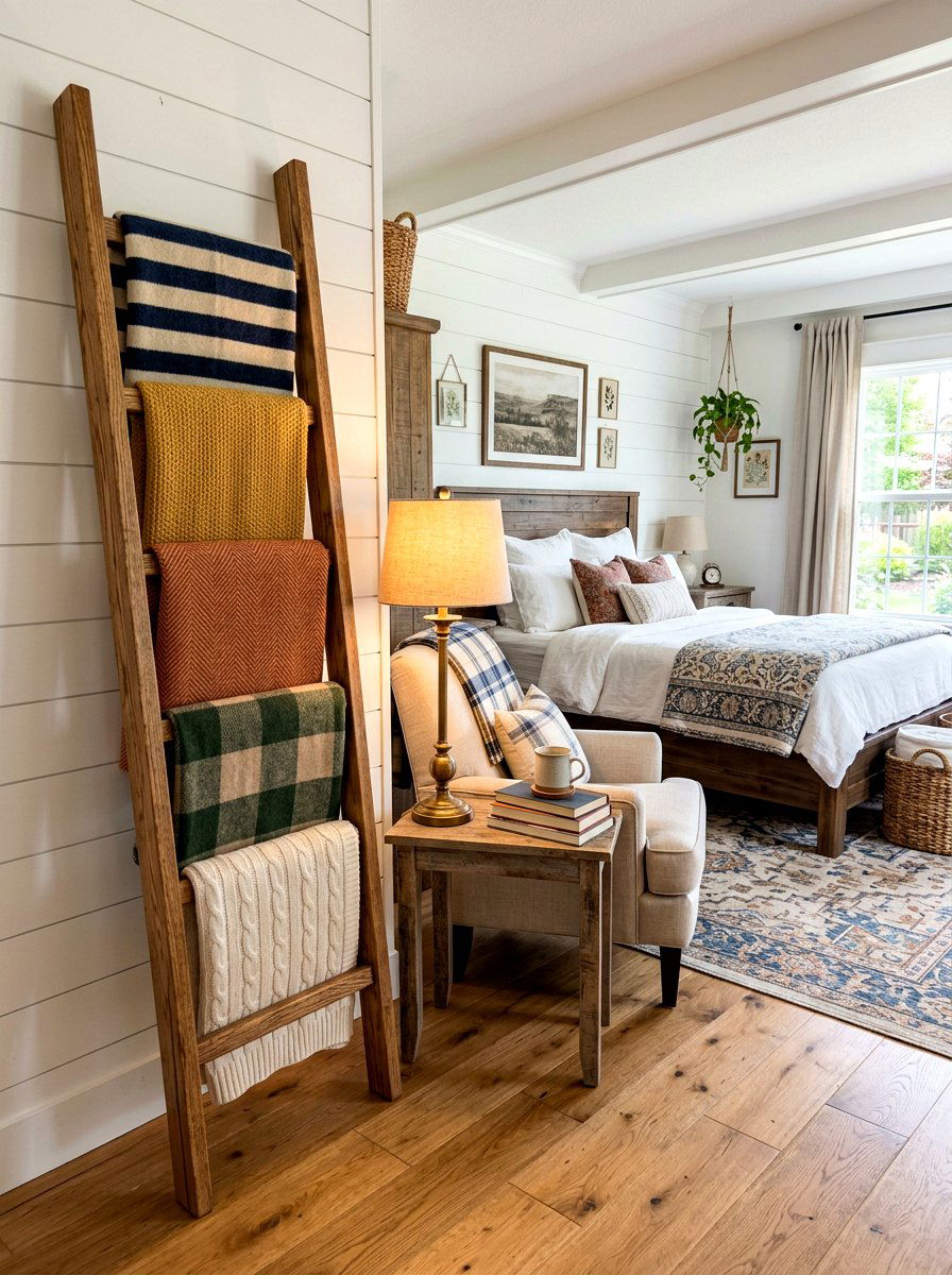 Wooden Blanket Ladder - 30 rustic bedroom ideas