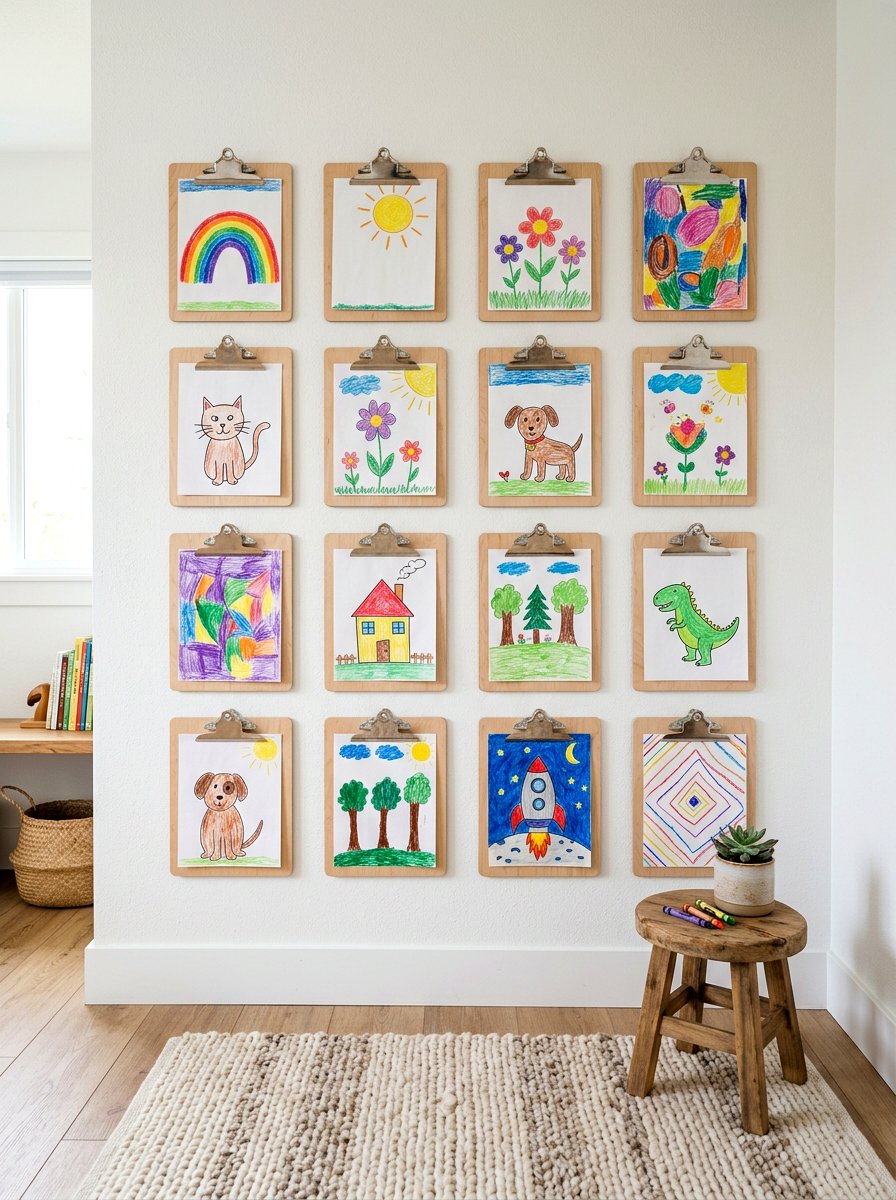 Wooden Clipboard Wall Display - 30 kids art display ideas