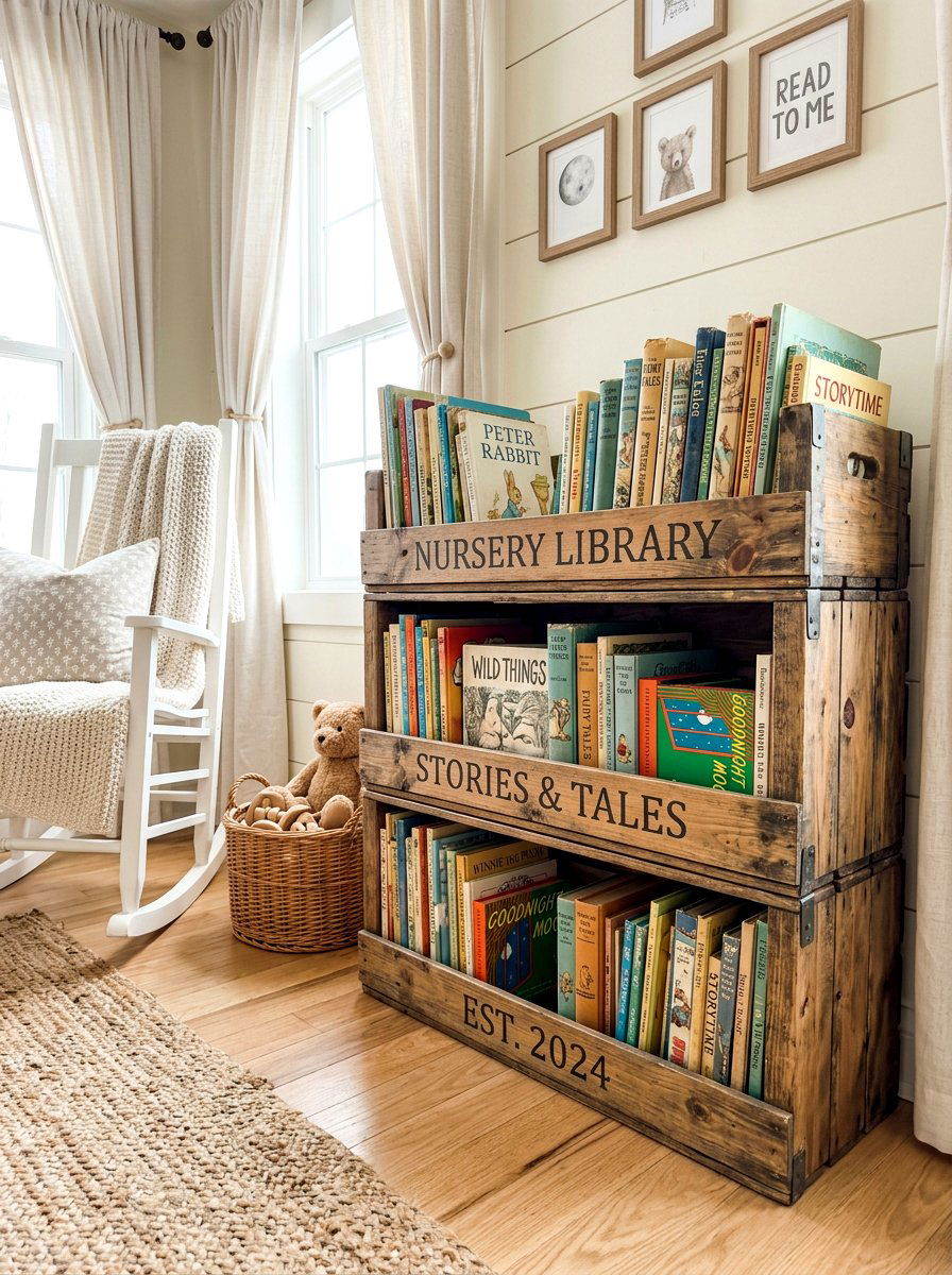 Wooden Crate Book Storage - 30 nursery book display ideas