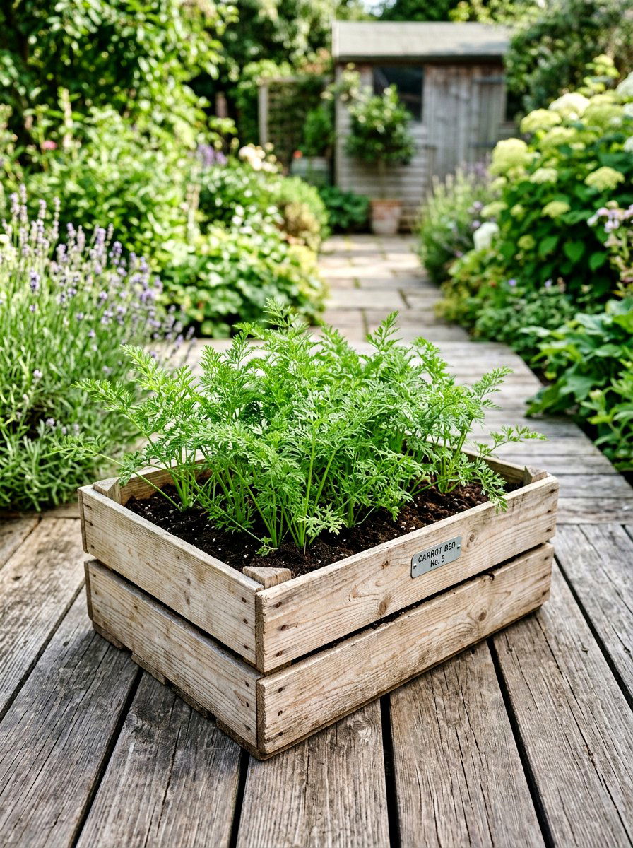 Wooden Crate Carrot Garden - 30 container vegetable garden ideas