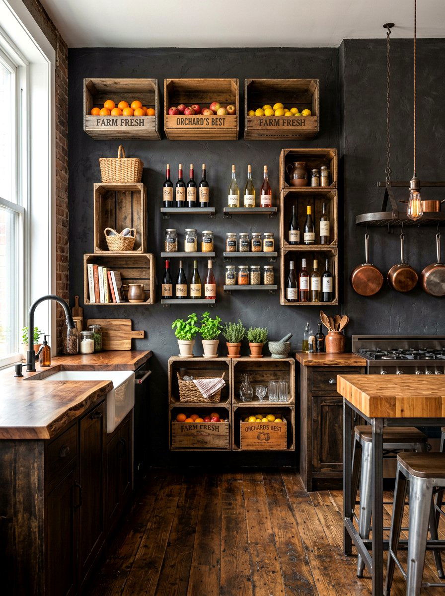 Wooden Crate Kitchen Shelves - 30 vintage kitchen shelf ideas