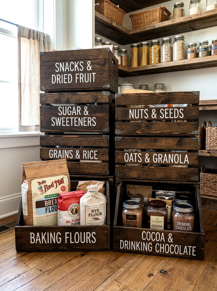 Wooden Crate Pantry Bin - 30 baking pantry ideas