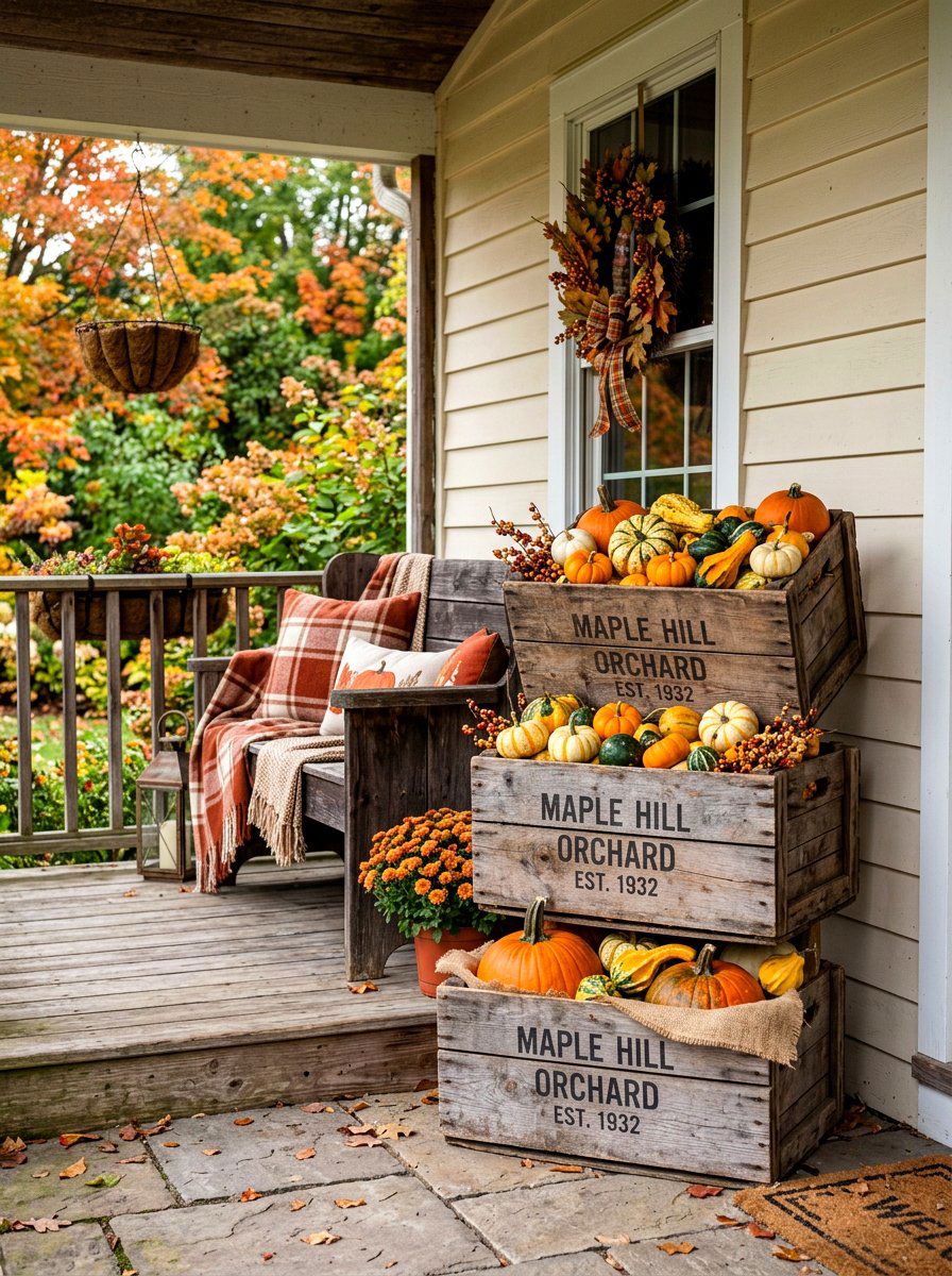 Wooden Crate Porch Display - 30 natural autumn porch ideas