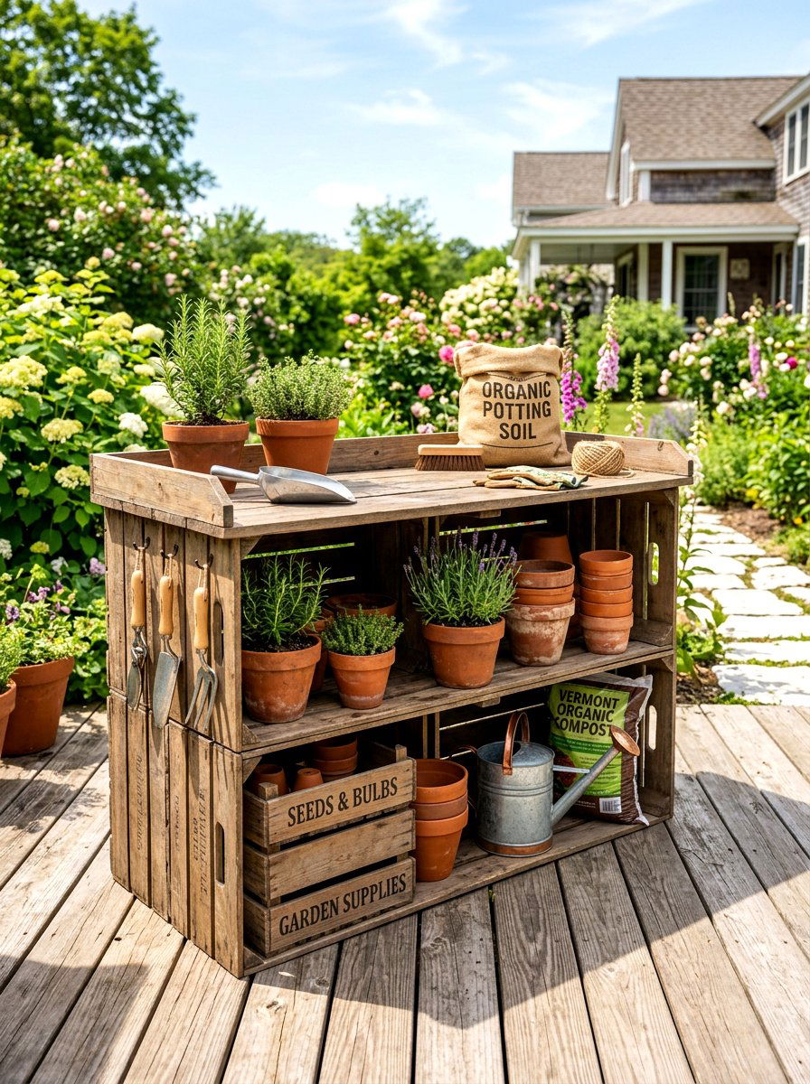Wooden Crate Potting Bench - 30 garden crate storage ideas