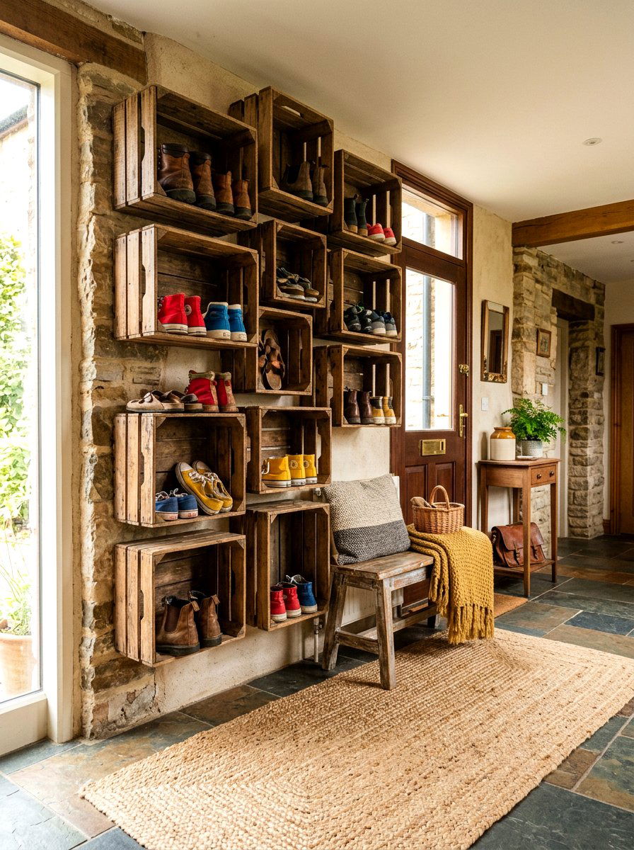 Wooden Crate Shoe Display - 30 apartment shoe wall ideas