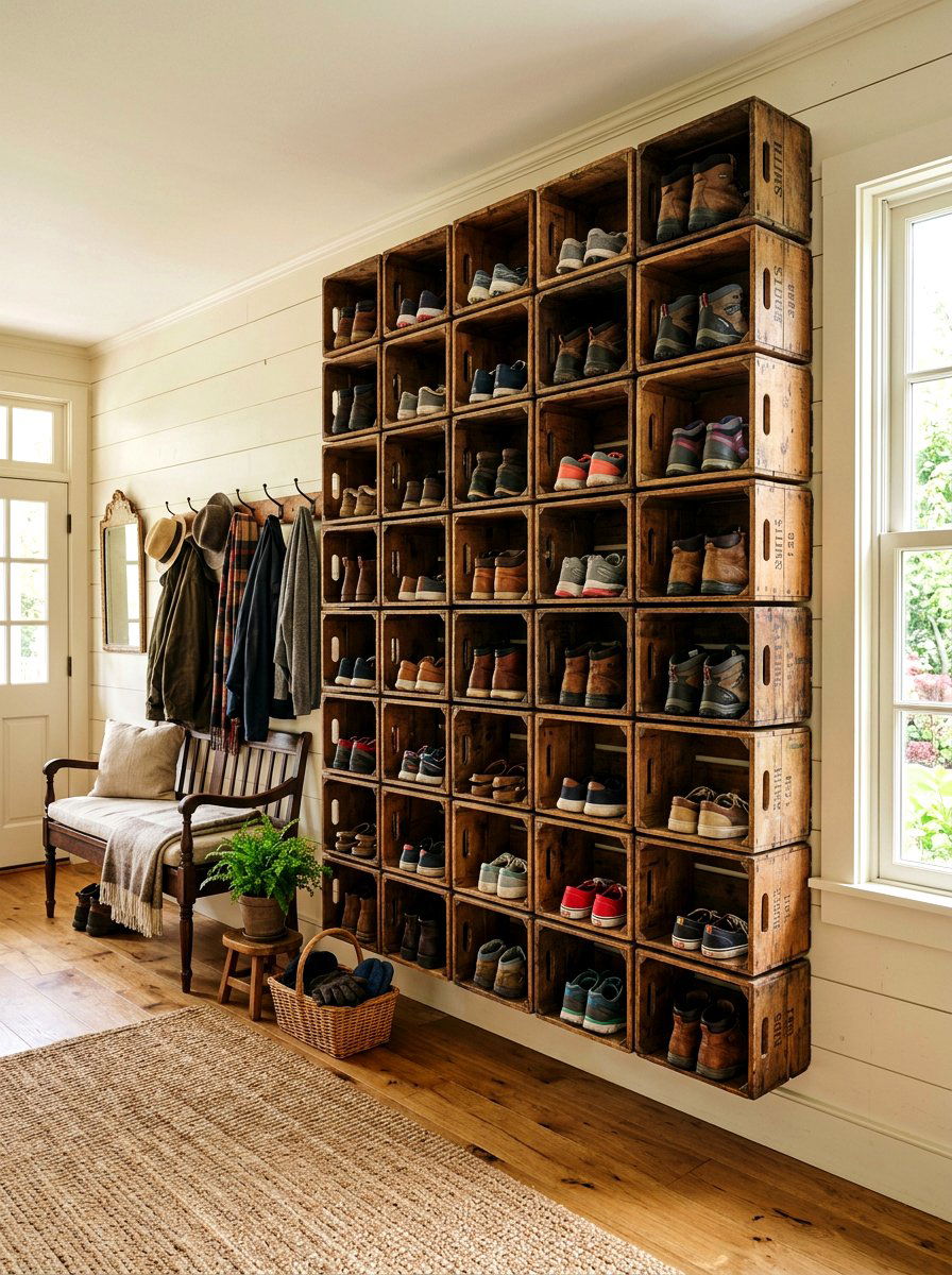 Wooden Crate Shoe Wall - 30 shoe wall storage ideas