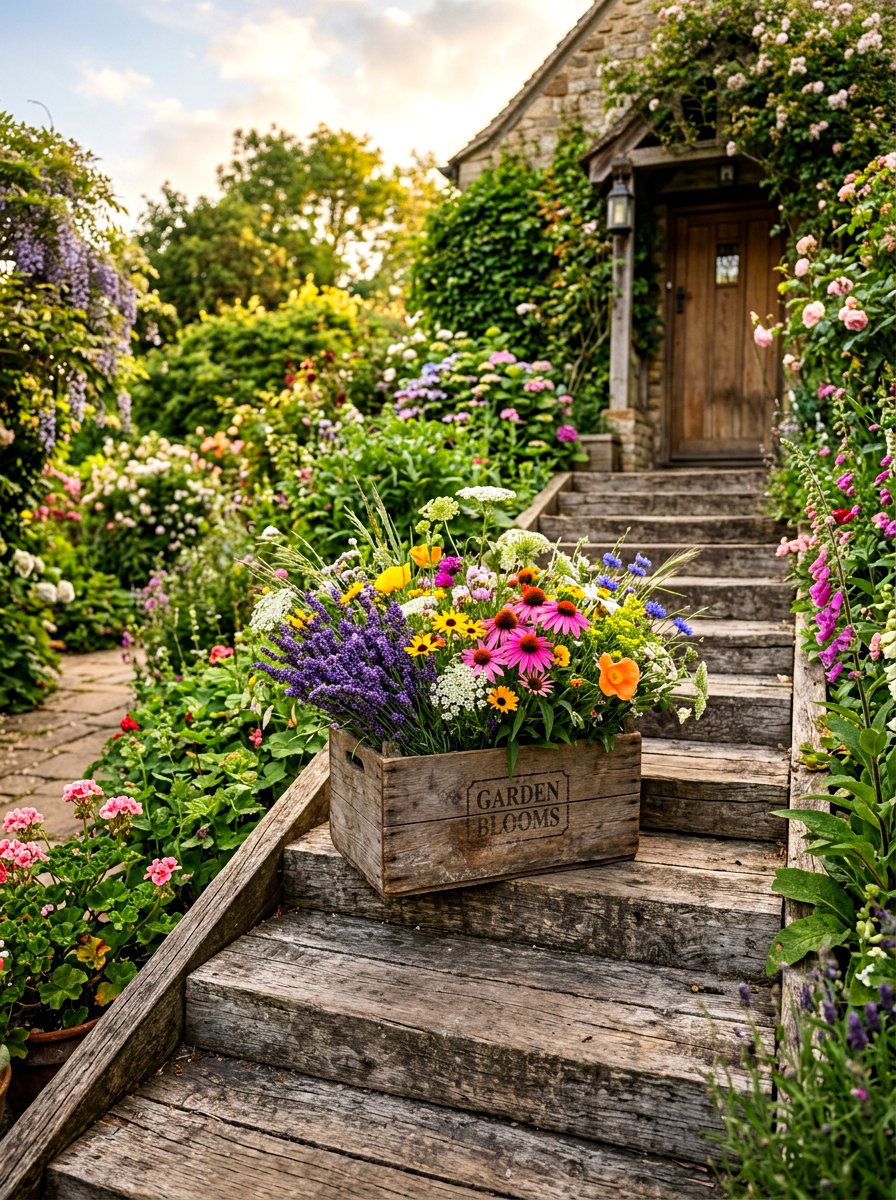 Wooden Crate Step Decor - 30 porch steps flower pot ideas