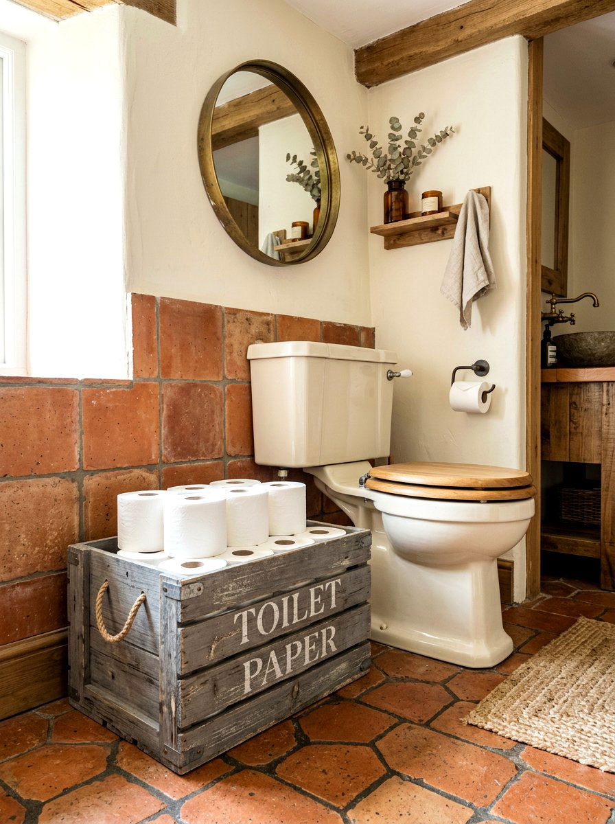 Wooden Crate Toilet Paper Storage - 30 bathroom basket storage ideas