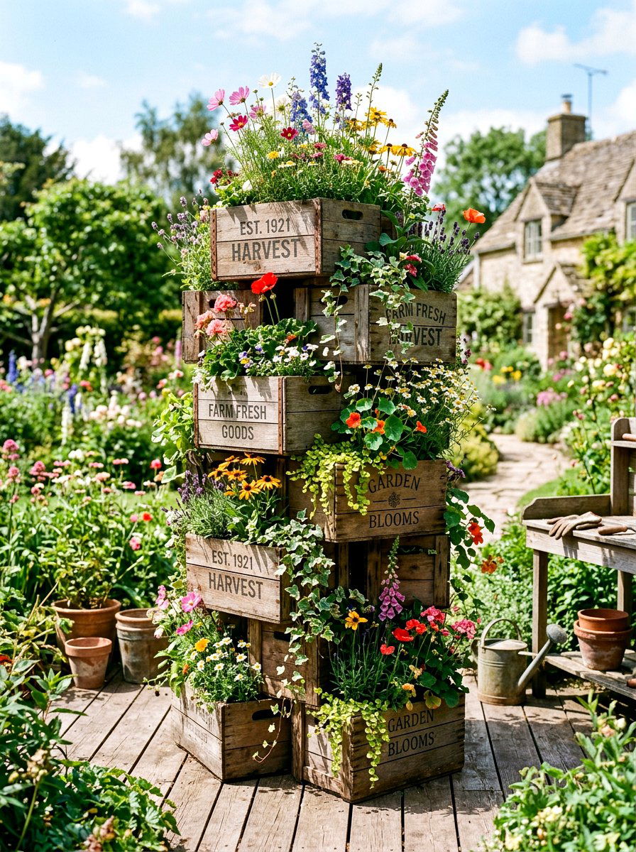 Wooden Crate Tower - 30 vertical flower garden ideas