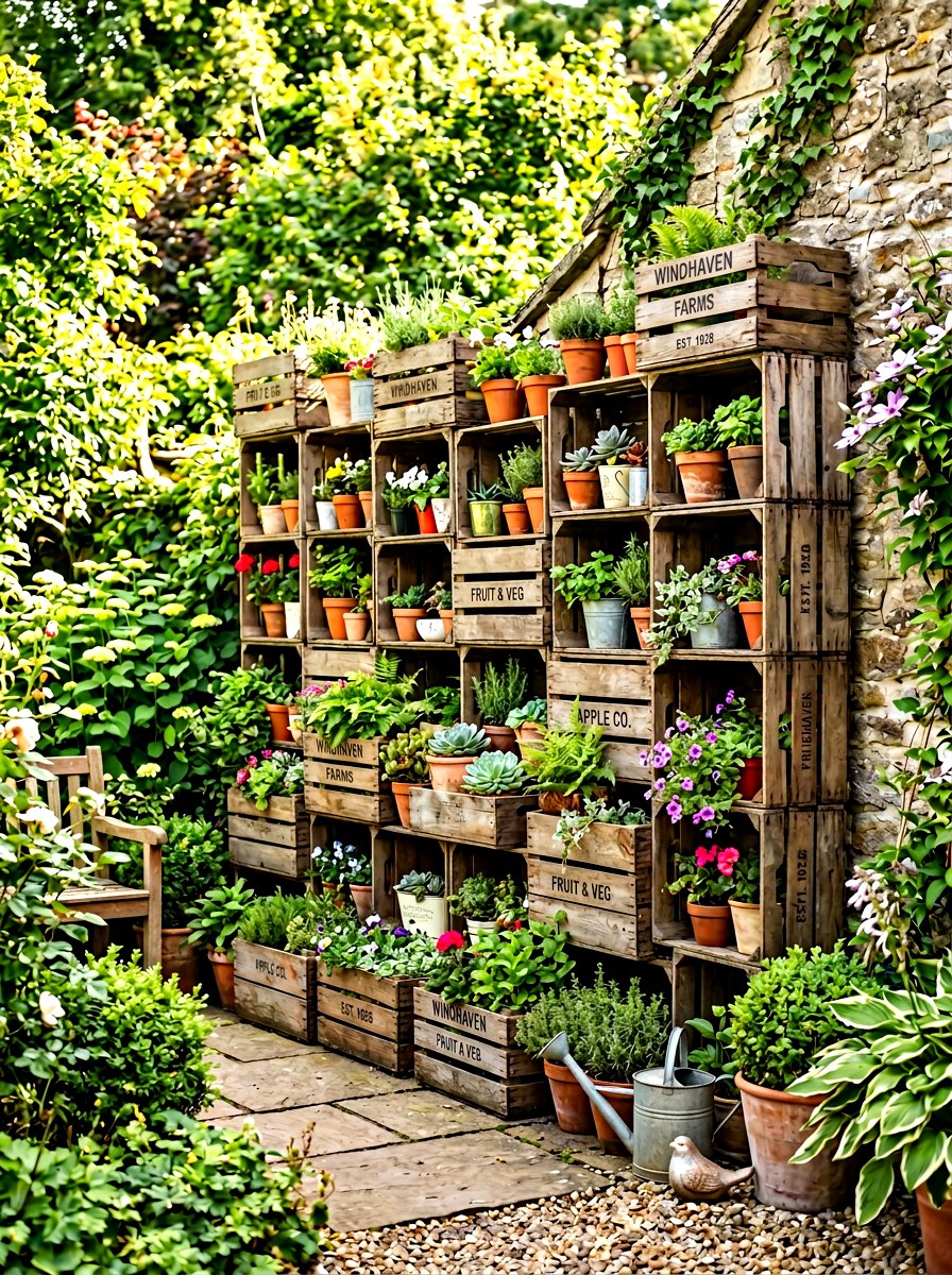 Wooden Crate Wall - 30 outdoor vertical garden ideas