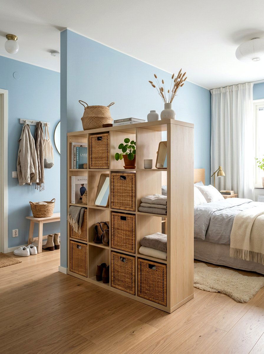 Wooden Cube Storage - 30 studio apartment divider shelf ideas