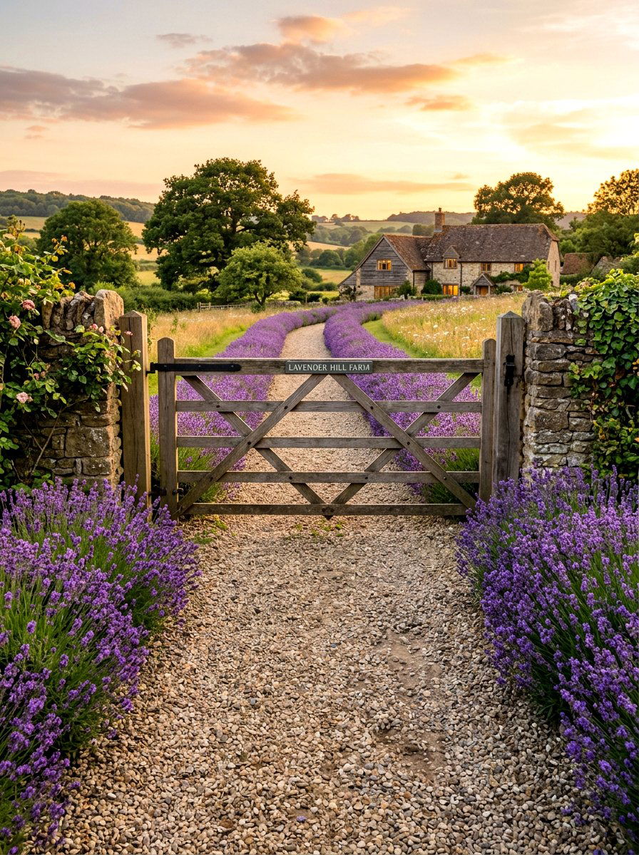Wooden Farmhouse Gate And Lavender - 30 driveway gate landscaping ideas