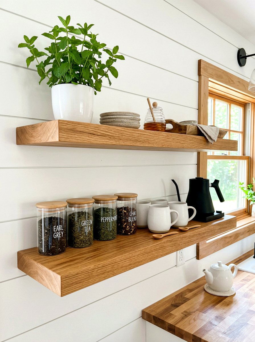 Wooden Floating Shelf - 30 tea shelf styling ideas