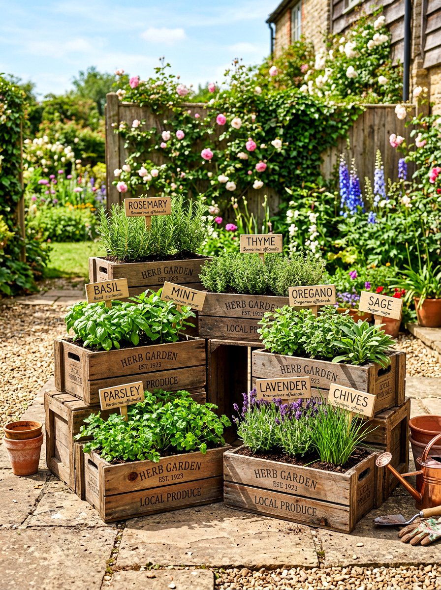 Wooden Herb Crate - 30 patio herb garden ideas