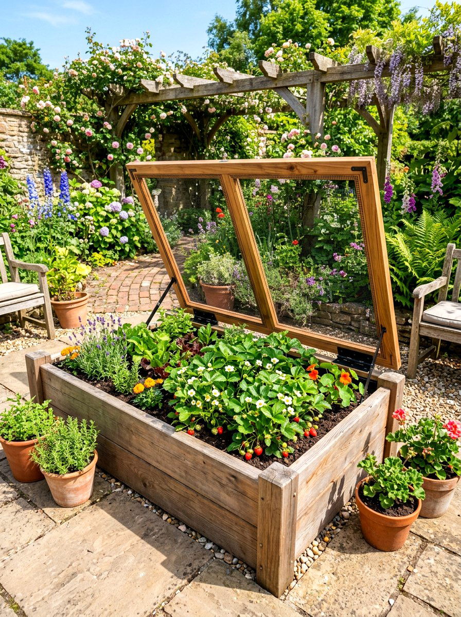 Wooden Hinged Screen Cover - 30 raised bed cover ideas
