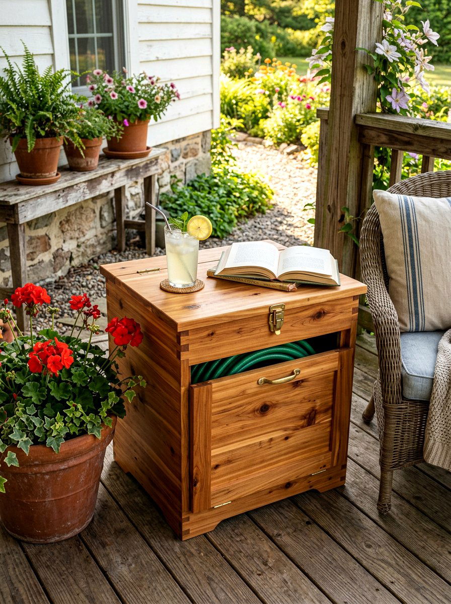 Wooden Hose Box - 30 hose storage ideas