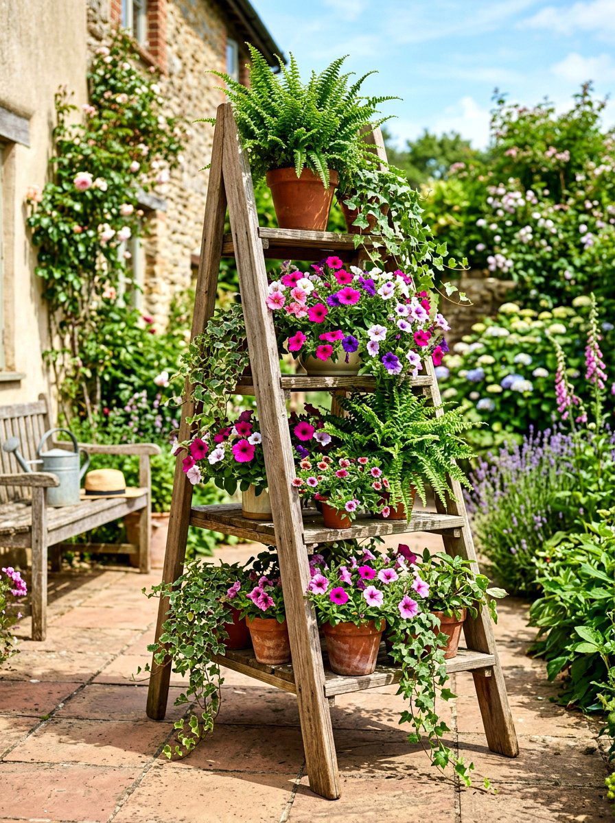 Wooden Ladder Plant Stand - 30 vertical garden shelf ideas