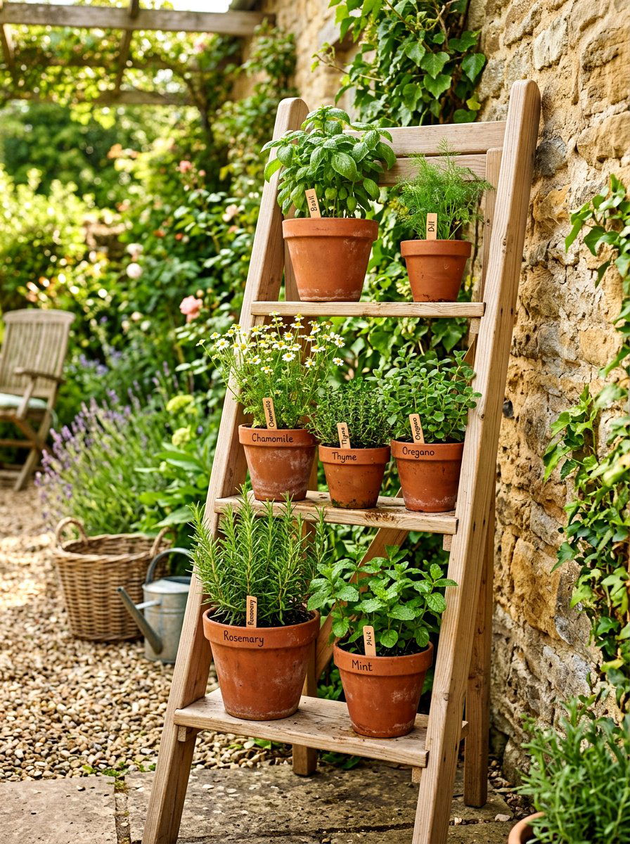 Wooden Ladder Plant Stand - 30 compact kitchen garden ideas