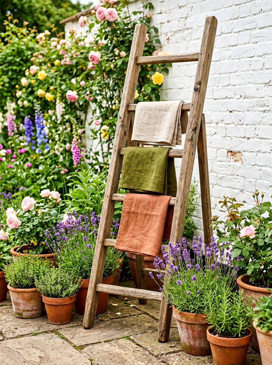 Wooden Ladder Rack - 30 outdoor towel storage ideas