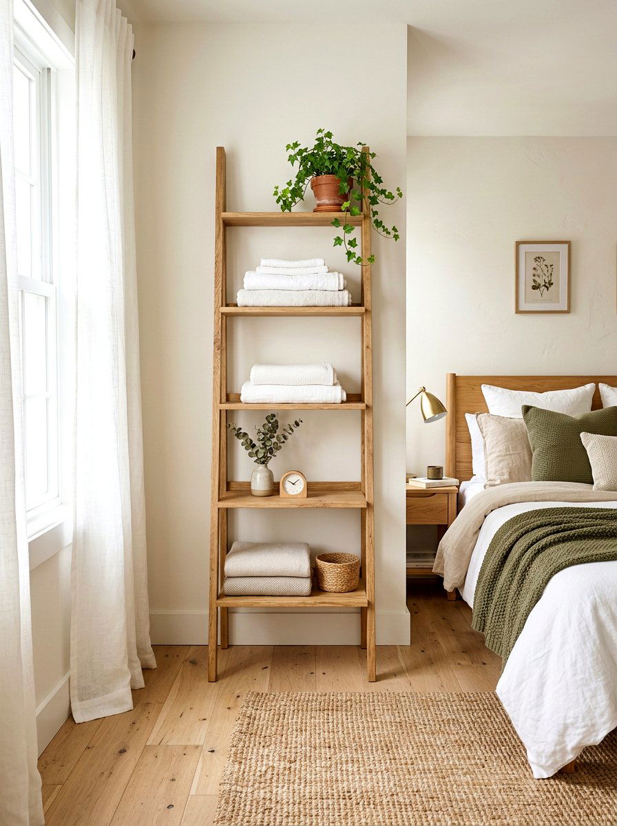 Wooden Ladder Shelf Bedroom - 30 renter friendly bedroom ideas