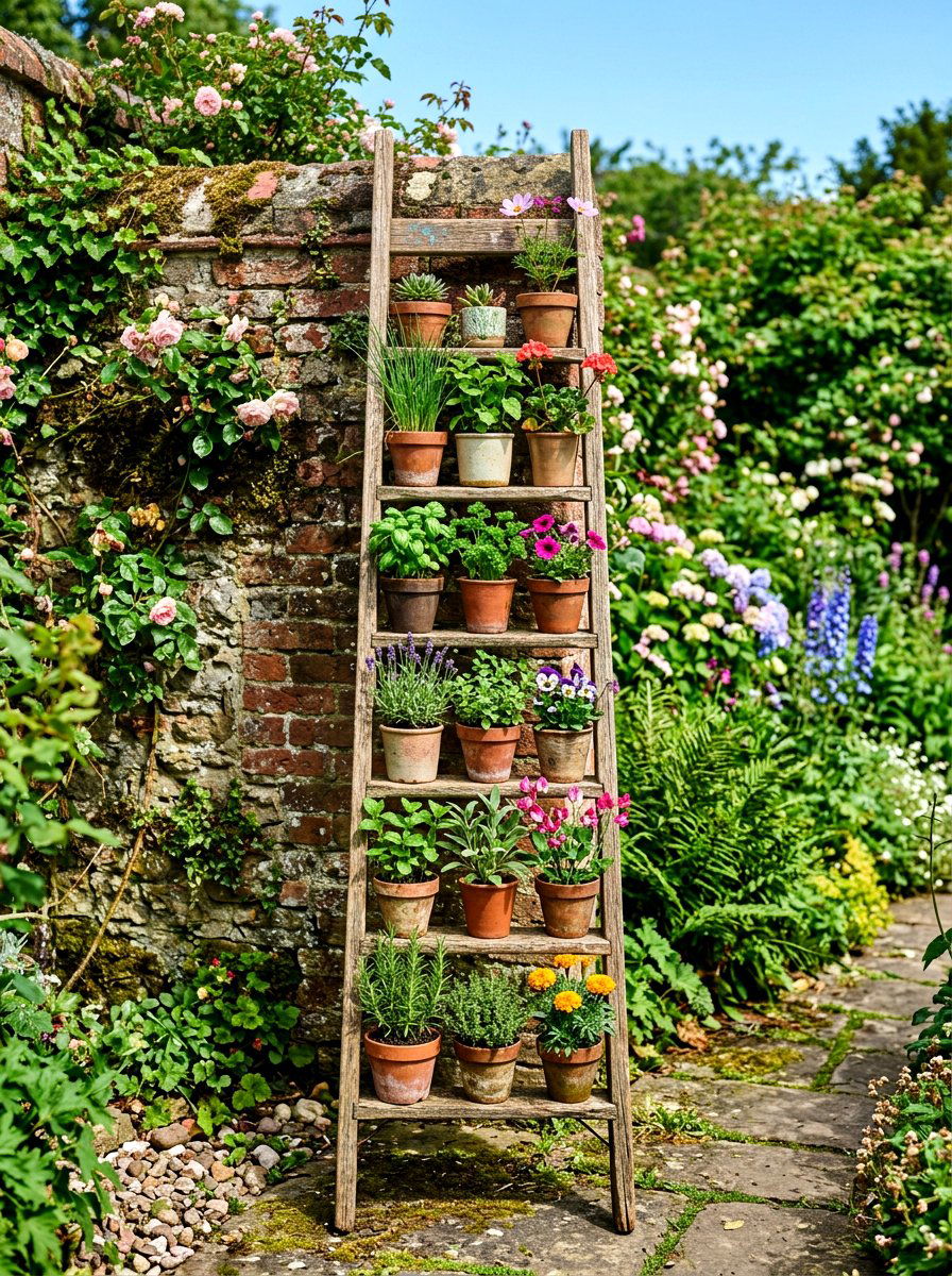 Wooden Ladder Shelf - 30 rustic container garden ideas
